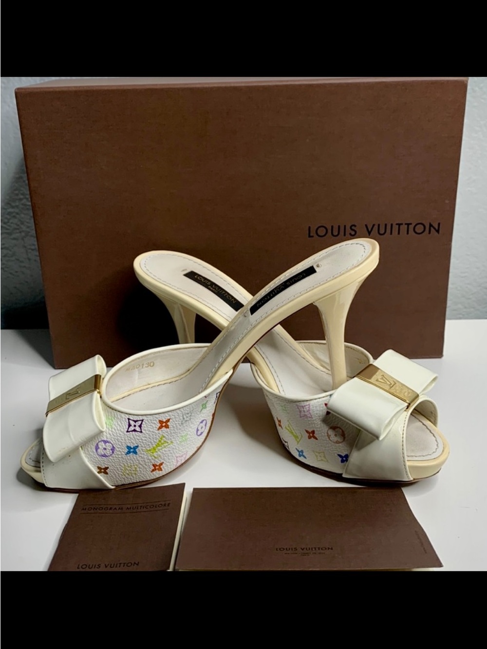 Louis Vuitton Cream Multicolor Monogram Bow Mule Heels